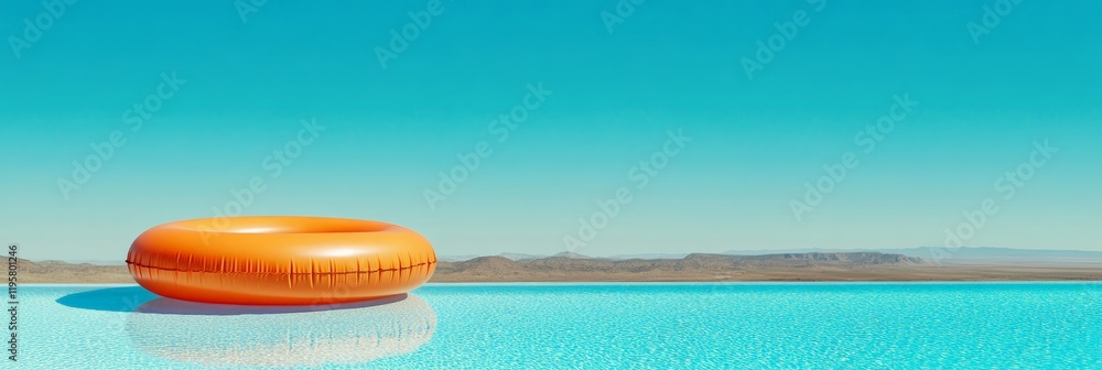 Poster orange inflatable ring floating on the surface of a tranquil swimming pool with a desert landscape i