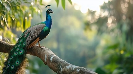 Fototapeta premium Peacock perched on branch, jungle sunrise