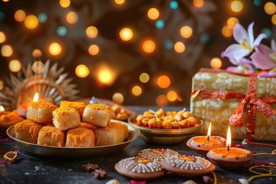 Diwali Diya  Sweets OR Mithai and Gift boxes arranged over decorative background. Selective focus