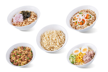 Set of ramen noodles bowlson a white isolated background