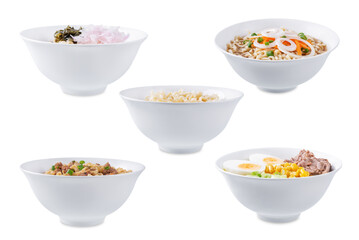 Set of ramen noodles bowlson a white isolated background