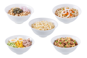 Set of ramen noodles bowlson a white isolated background