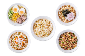 Set of ramen noodles bowlson a white isolated background