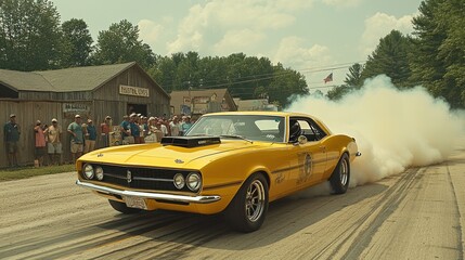 Yellow muscle car doing a burnout on a race track, spectators watching.