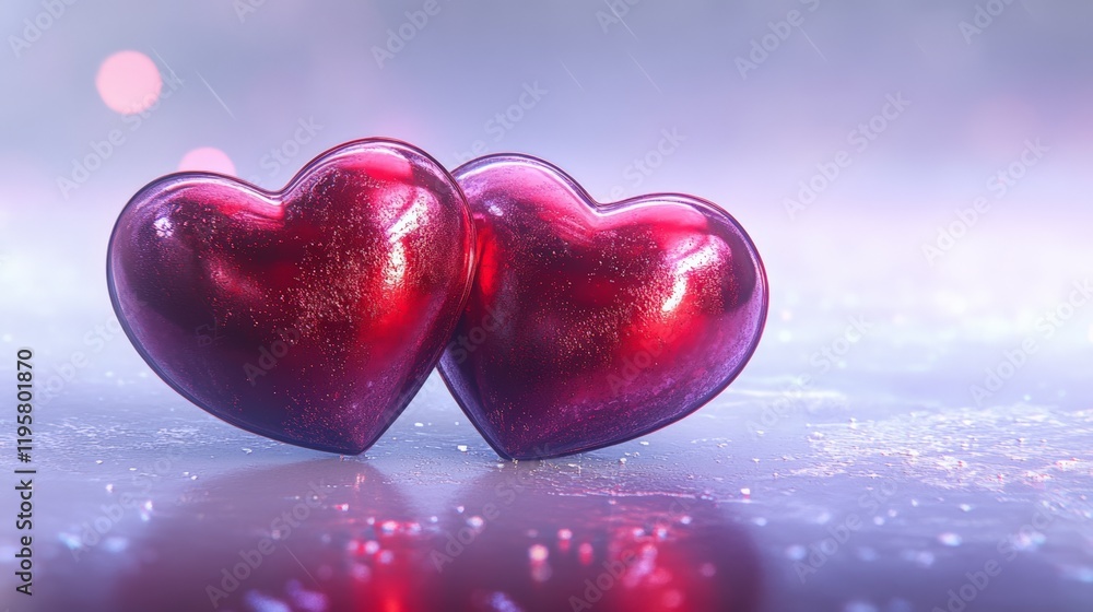 Poster two shiny red hearts resting on a reflective surface, creating a romantic atmosphere ideal for valen