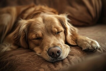 Golden retriever dog sleeping peacefully on a brown sofa, enjoying a quiet moment of rest
