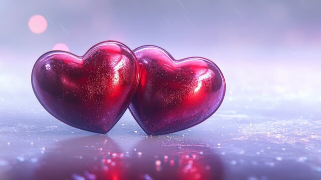Two shiny red hearts resting on a reflective surface, creating a romantic atmosphere ideal for valentine's day, women's day, or spring celebrations, symbolizing love and togetherness
