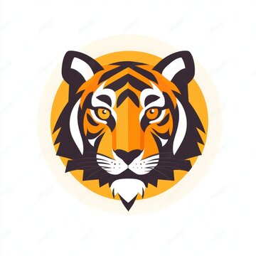recommend clip art: Colorful tiger head graphic design, circular emblem, orange and black