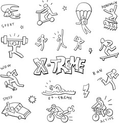 Sport extreme active people doodle set , hand drawn icons