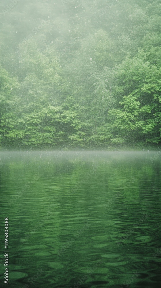 Poster rain is falling on a calm green lake with a lush forest in the background, creating ripples and refl