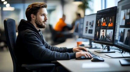 Focused man edits photos on dual monitors in busy office