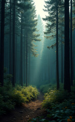 Fototapeta premium morning in the forest, forest, trees, fog, tree, mist, nature, misty, landscape, wood, sun, light, autumn, woods, green, path, morning, foggy, woodland, dark, leaf, summer, fall, foliage, trail, park