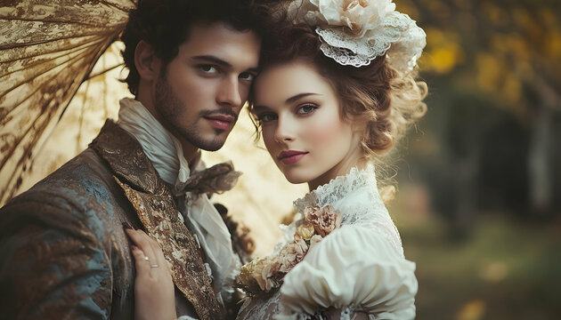 Capturing passion in the renaissance, victorian, and baroque era: a timeless love story portrayed by a couple in vintage attire, embracing the elegance, romance, and nostalgia of historical periods