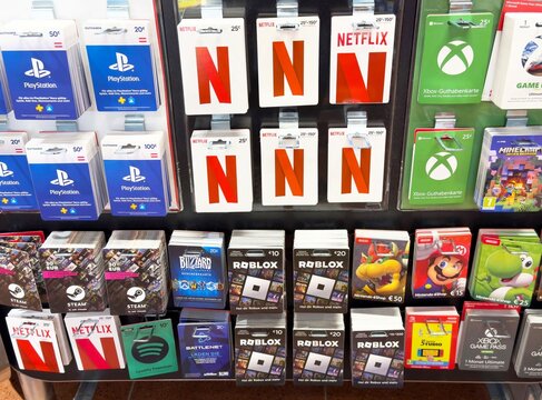 Gift cards display featuring playstation, netflix, xbox, blizzard, roblox