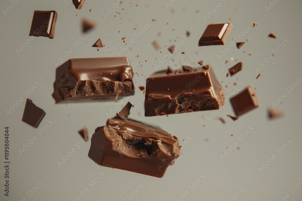 Poster sweet chocolate chunks exploding and rotating, perfect for confectionery and dessert projects