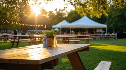 Obraz premium Outdoor picnic setup with elegant tables and string lights at sunset