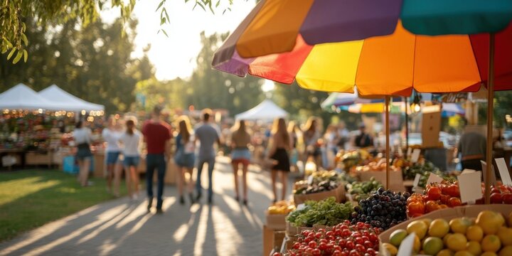 Vibrant outdoor market with diverse crowd on a sunny day
