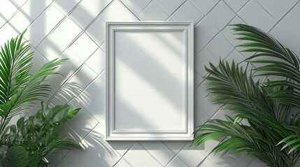 Modern Empty Frame on White Wall Surrounded by Green Plants