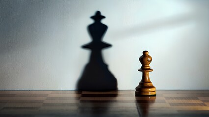 A small chess pawn stands against a wall, casting a large shadow of a chess queen behind it. The conceptual image represents the struggle for power and dominance in a competitive world.