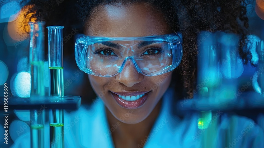 Poster a smiling scientist works in a laboratory setting