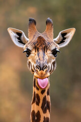 Obraz premium Funny giraffe showing tongue on bright natural background landscape. Funny animals, safari, copy space