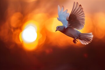 Obraz premium White dove soaring gracefully against a vibrant sunset, embodying peace, hope, and spirituality