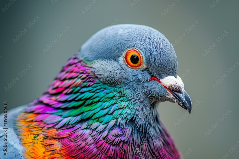 Poster close up portrait of a pigeon showing its iridescent neck feathers, creating a vibrant display of co
