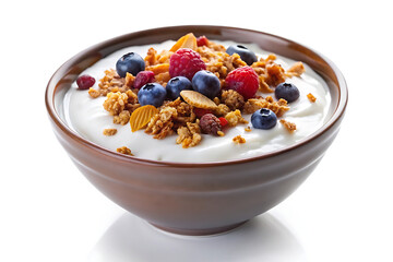 bowl of muesli with berries white background
