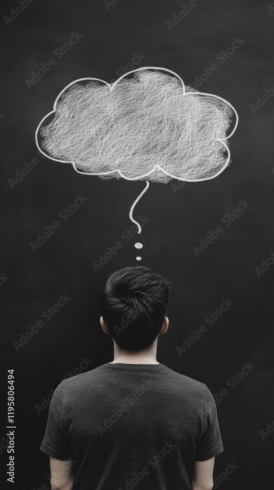 Poster Man standing with his back to the viewer in front of a blackboard with a chalk drawing of a thought bubble with a question mark, symbolizing thinking, questioning, and problem solving