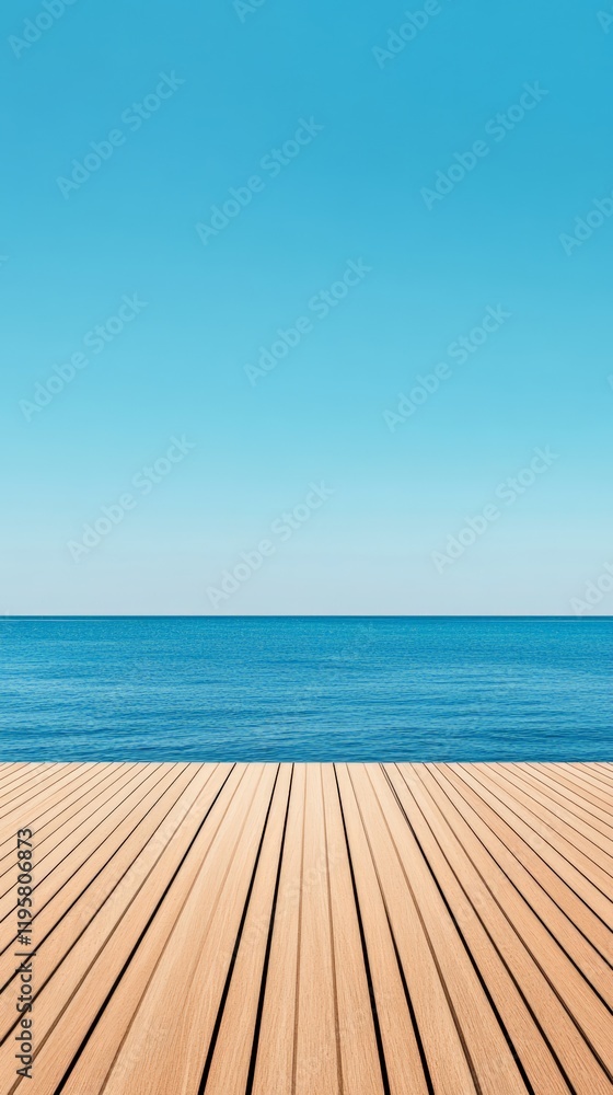 Aufkleber wooden pier with parallel planks extends towards a calm blue ocean under a vast clear sky, creating 