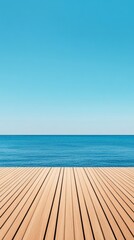 Fototapeta premium Wooden pier with parallel planks extends towards a calm blue ocean under a vast clear sky, creating a serene and idyllic setting, perfect for a summer escape or travel destination