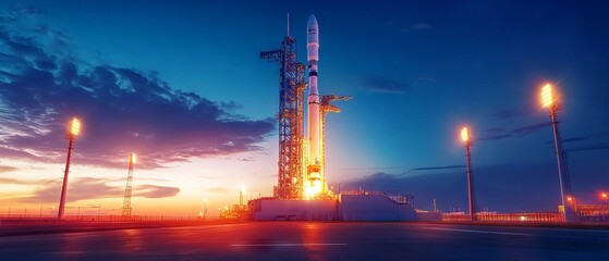 Naklejka premium Futuristic launch pad at Baikonur Cosmodrome illuminated by bright lights during night