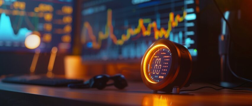 Time management techniques for business professionals analyzing market trends using an alarm clock in a modern office environment