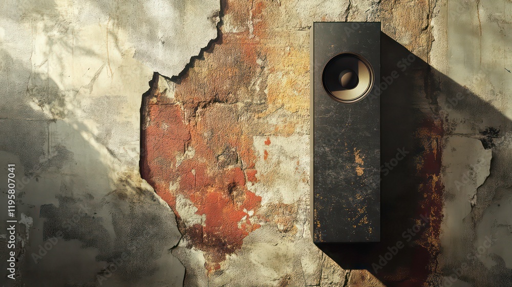 Poster Dark rectangular object with circular cutout against a weathered wall.