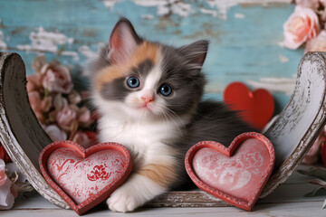 A fluffy kitten enjoys a dreamy Valentine scene, surrounded by love-filled decorations that highlight its irresistible cuteness.