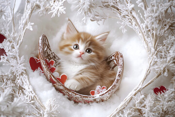 This charming fluffy kitten explores a festive Valentine setup with tiny hearts and soft colors, radiating pure love.