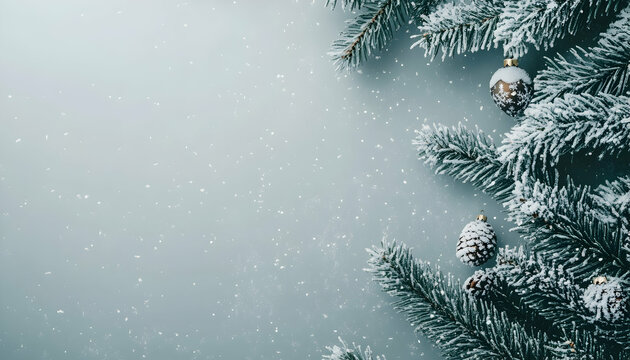 Christmas and winter holiday marketing background, with winter and Christmas tree themes, Christmas ornaments and presents, snowy vibes