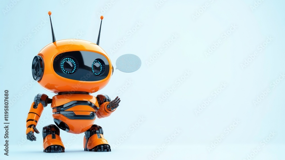 Poster cute orange robot with speech bubble, ready to communicate.