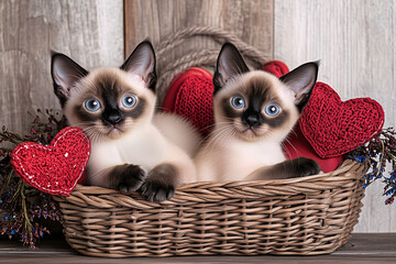 Two elegant Siamese kittens share the spotlight in a heart filled Valentine scene. Their bond is pure love.