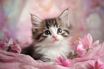 A tiny kitten lays in a sea of pink and blooms. The delicate elegance of the moment captures hearts with its soft beauty.