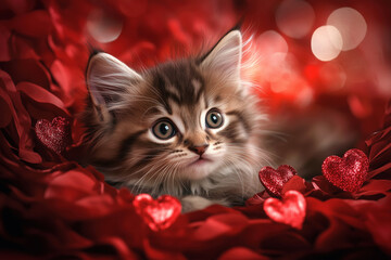 Red hearts, soft lights, and delicate petals frame a fluffy kitten. The cozy charm of this Valentine's scene melts hearts instantly.