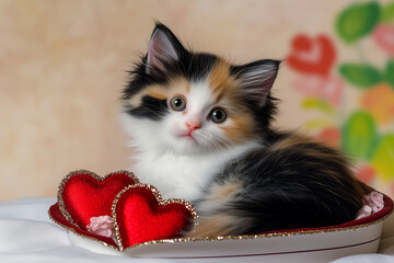 A calico kitten sits proudly in a small dish with glittery hearts. The scene sparkles with love and a touch of Valentine magic.