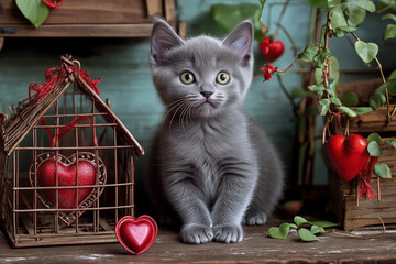A soft gray kitten nestles in a rustic setting with weathered wood and red hearts. A cozy Valentine scene full of charm and countryside warmth.