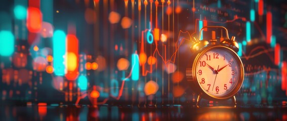 Time management techniques for business professionals analyzing market trends using an alarm clock in a modern office environment