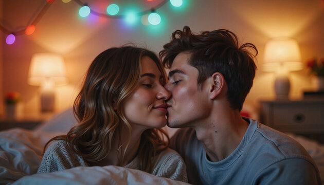 Playful couple sharing goodnight kisses during a video call, cozy warmth