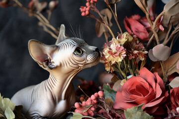 With its striking appearance, the hairless kitten examines the fake flowers closely. The scene is full of contrast, highlighting its sleek beauty.