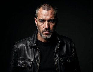 Obraz premium Rugged Portrait of a Man in a Leather Jacket with Dramatic Studio Lighting