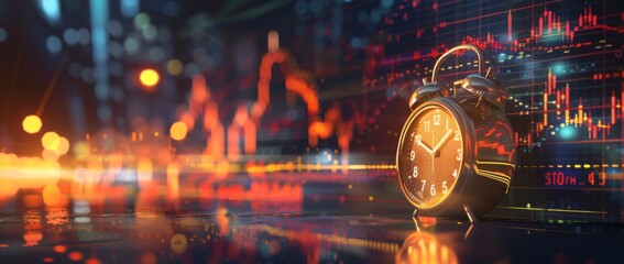 Time management techniques for business professionals analyzing market trends using an alarm clock in a modern office environment