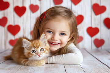 A little girl cuddles her orange kitten with love in a charming Valentine&rsquo;s Day scene. Wooden hearts hang in the background, adding a cozy country feel to this sweet moment.