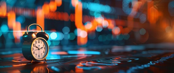 Time management techniques for business professionals analyzing market trends using an alarm clock in a modern office environment
